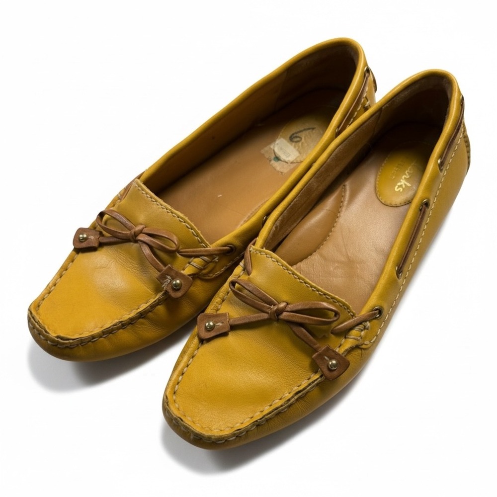 Clarks Artisan Dunbar Racer Womens Mustard Yellow Leather Driving Loafers Size 6